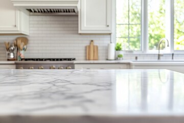 Empty marble countertop shining in the light in a modern kitchen, product placement display space