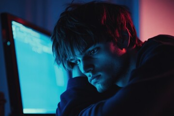 A person sitting in front of a computer monitor with a focused expression