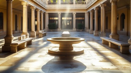 Canvas Print - Roman baths' exterior courtyard with fountain stone benches and tall columns sunlight casting shadows