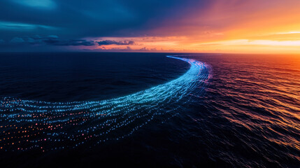 stunning view of ocean at sunset, showcasing mesmerizing trail of lights across water. vibrant colors of sky blend beautifully with deep blue sea, creating serene and captivating atmosphere