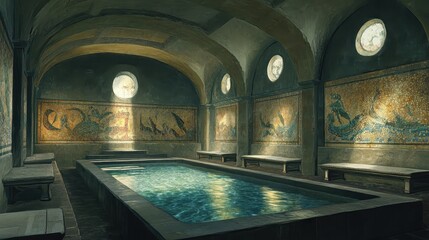 Canvas Print - Roman tepidarium with mosaic tiles of sea creatures illuminated by sunlight