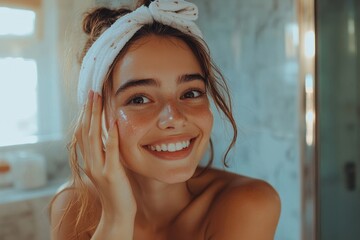 Happy woman admiring her skin in front of a bathroom mirror, touching her face with her hand, Generative AI