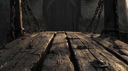 Canvas Print - Weathered wooden drawbridge with iron chains sunlight casting long shadows