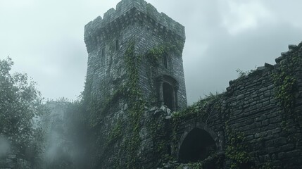 Wall Mural - Crumbling tower covered in ivy stones scattered at the base soft overcast lighting