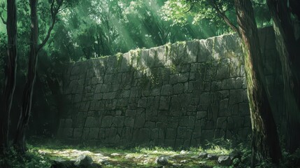 Poster - Fortress wall in dense forest sunlight filtering through trees and casting shadows