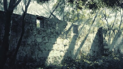 Poster - Wall in dense forest moss and vines blend it into nature with dappled sunlight