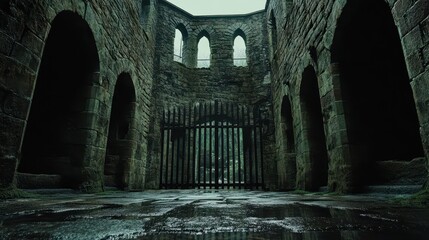 Poster - Fortress gate with wooden doors slightly ajar iron bands and aged shadowed stone walls