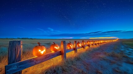 Wall Mural - A row of glowing pumpkins sits along a rustic wooden fence in a wide, open field. The pumpkins?? warm light contrasts with the deep blue sky and twinkling stars.