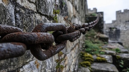 Sticker - Drawbridge chain with rust and smooth links plants growing in the stone wall gaps