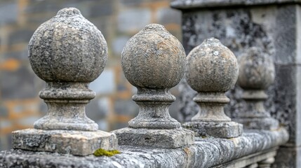 Poster - Eroded stone balustrade posts chipped tops and cracks with lichen growing in gaps