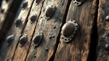 Sticker - Close-up of iron-studded wooden gate deeply weathered wood and rusted iron studs