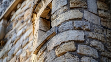 Canvas Print - Chipped stonework around watchtower windows soft interior light casting subtle shadows