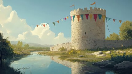 Wall Mural - Illustration of a circular fortress tower with smooth walls colorful pennants atop and reflections in a tranquil river under a bright midday sun