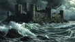 © javier - Illustration of an island fortress with towering stone walls surrounded by turbulent waves and jagged rocks under stormy skies