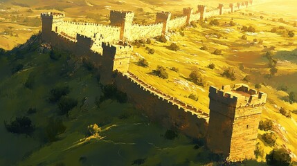 Poster - Winding fortress wall with square watchtowers surrounded by sunlit hills