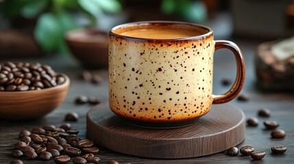 A cup of coffee on a wooden coaster with coffee beans scattered around it.