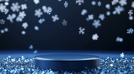 Poster - Delicate snowflakes float downwards against a dark blue backdrop, landing on a sparkling surface, creating a serene winter atmosphere. The scene captures the beauty of a tranquil snowy environment.