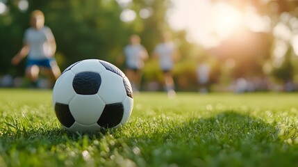 A group of people both men and women playing a friendly game of soccer together in a sunny local park on a summer day  They are running kicking the ball