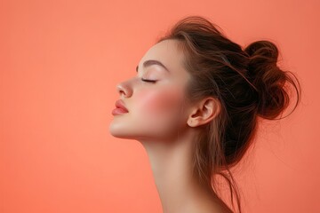 Young caucasian lady caring for neck skin, applying cream or making lifting massage over peach studio background, side view, Generative AI