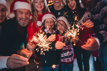 Sticker - Cropped photo of big full family hold bengal light celebrate christmas festive time apartment indoors