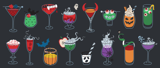 Halloween drinks collection, spooky party cocktails, vector illustration set of glasses with creepy garnish, sangria with eyeballs, vampire teeth, punch with dry ice, gothic celebration design