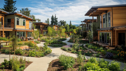 A thriving eco-village with sustainable homes, community gardens, and shared resources, showcasing a lifestyle focused on environmental stewardship and cooperation