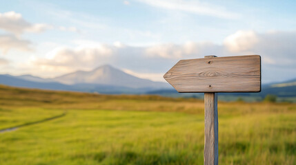 wooden directional sign stands in serene landscape, guiding way through lush green fields and distant mountains under beautiful sky.