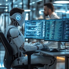 Robot and human work together in futuristic office.