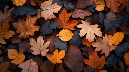 A top view of autumn leaves background in various shades of brown, orange, and yellow. Dry leaves in warm, earthy colors representing fall season