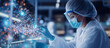 © Kateryna - Scientific DNA Research in Laboratory A researcher wearing protective gear, including a mask and gloves, is interacting with a virtual representation of DNA and atomic models. The