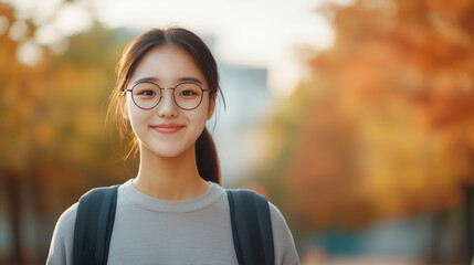 young woman with glasses smiles warmly in autumn setting, surrounded by colorful leaves. Her casual attire and backpack suggest relaxed day outdoors.