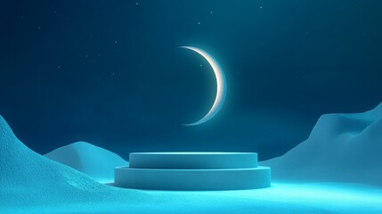 A crescent moon is visible in the night sky above a circular platform. The platform has three levels and is made of a light blue, smooth material.