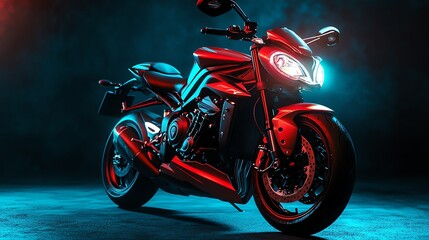 A sleek red motorcycle with blue and red lighting.