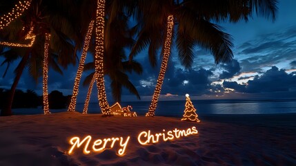 Wall Mural - beachside christmas party with palm trees wrapped in lights, sand sculptures, and 