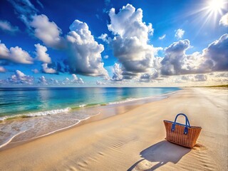 Relaxing Beach Scene with a Stylish Bag on the Sand Under a Bright Sky - Perfect for Summer, Travel, and Vacation Themes