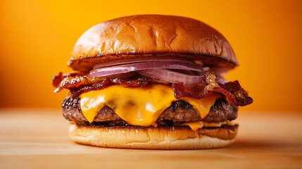 A cheeseburger with crispy bacon and red onion, on a sesame seed bun.