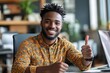 © James - Happy african american young man sitting at table in shirt and showing thumb up gesture remotely from home, selective focus, Generative AI