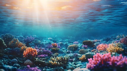 Wall Mural - vibrant underwater coral reef teeming with diverse marine life and sunlight filtering through the wa