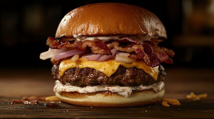 A cheeseburger with crispy bacon and red onion, on a sesame seed bun.