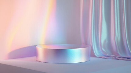Fototapete - A round, reflective platform sits under soft lighting, casting subtle colors against a pastel backdrop. Draped fabric adds texture and interest, enhancing the tranquil atmosphere of the setting.