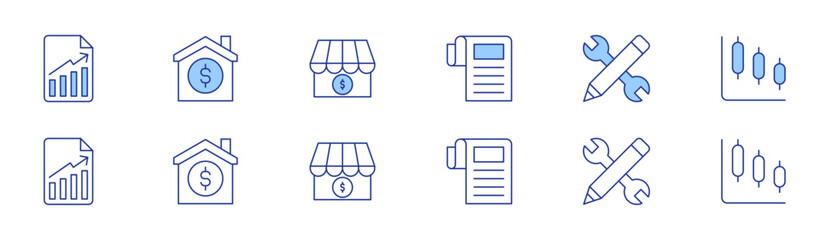 Business icon set in two styles, Duotone and Thin Line style. Editable stroke. graph, family, pencil, my business, business report, report