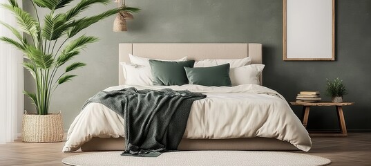 Sticker - Beige bedroom with houseplants. Comfortable bed with a warm blanket. Minimalist interior design.