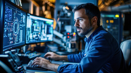 focused technician works in high tech control room, analyzing data on multiple screens. environment is filled with advanced technology, showcasing blend of concentration and innovation