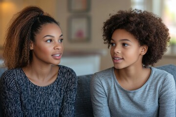 mother and little daughter chatting, having pleasant conversation while sitting on couch in living r