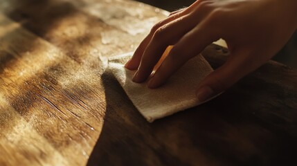 A hand gently wipes a wooden surface with a cloth, capturing the soft afternoon light filtering through nearby windows. Dust and grime are removed, revealing the natural beauty of the wood beneath.