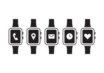 smart watch icons,black shape vector illustration isolated on white background,gadget screen with different symbols