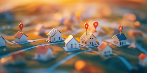 A miniature model of a neighborhood with red pins marking locations. Land and houses for sale concept. 