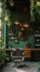 Poster - Eco-Friendly Barber Shop with Natural Lighting and Green Walls 