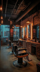 Canvas Print - Modern-Retro Fusion Barbershop with Neon Signs in Gentrified Area  