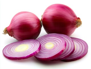 A group of red onions cut in half on a white background